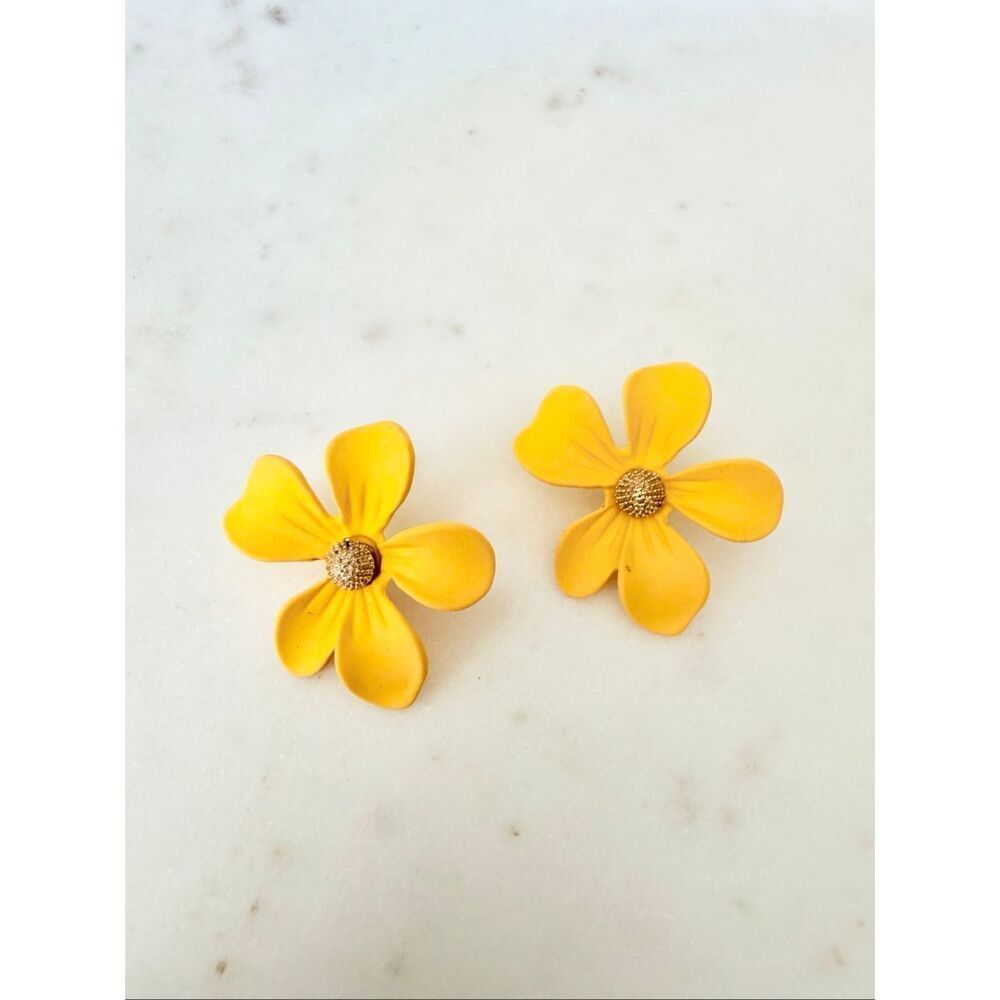 Yellow Floral Stud Earrings Gold Center Matte Flower Earrings